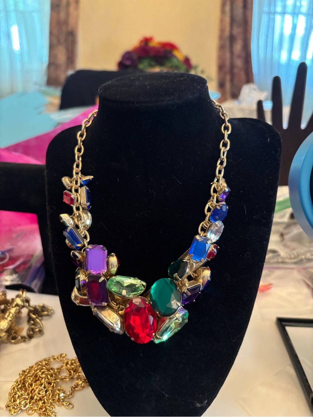 Mardi Gras Multi Color Cabochon Bib Chocker Statement Necklace, 20”
